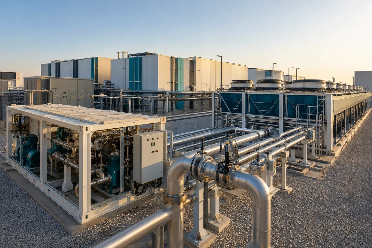 Modular data center cooling yard with pump skids, dry coolers and integrated pipework