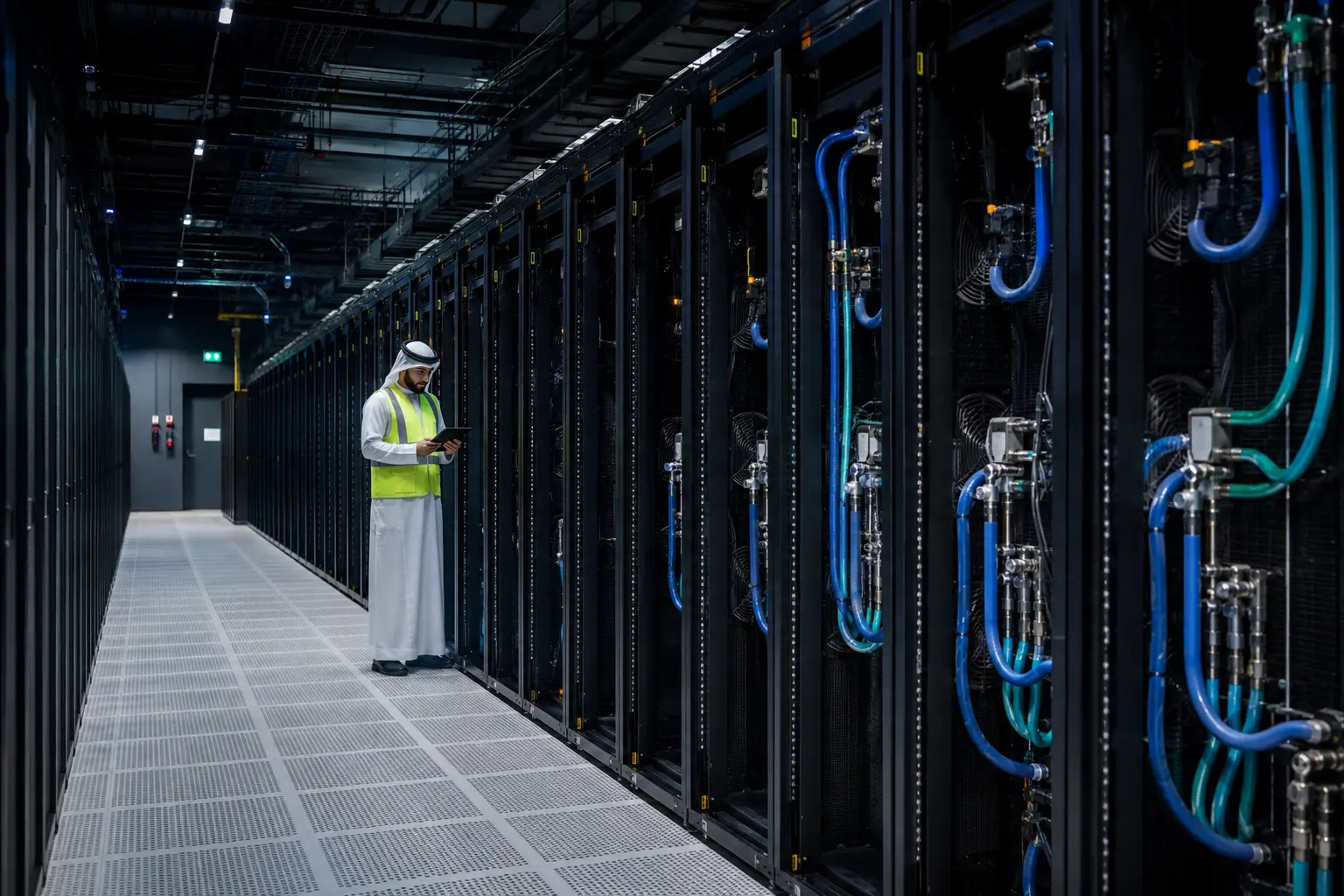 High-density GPU data hall with liquid cooling and an engineer monitoring operations
